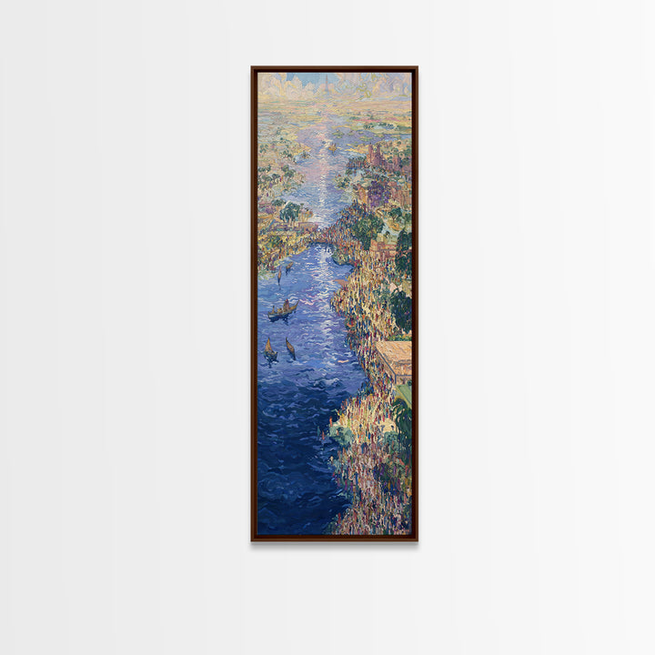 Sunlit African River Crowd Wall Art, Blue Water Boats, Cultural Cityscape, Afrocentric Decor, African Painting Canvas Print