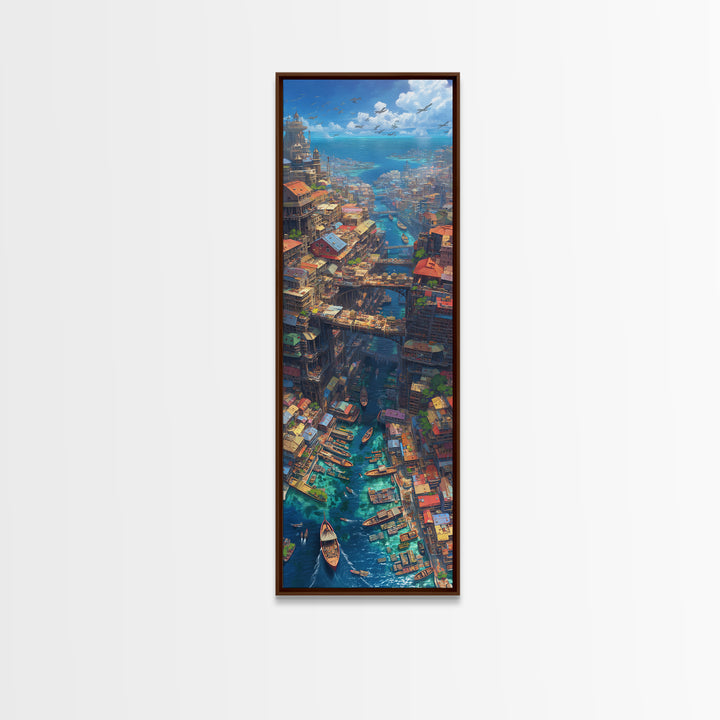 Fantastical African Canal City Wall Art, Boats Bridges And Coastal Skyline, Modern African Art, Statement Canvas Print, Decor