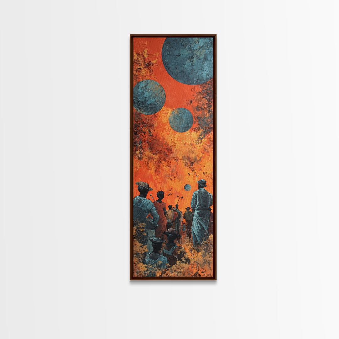 Surreal African Planet Gathering Wall Art, Orange Sky Blue Moons, Afrofuturism Decor, Spiritual Framed Canvas Print, Mystical Wall Decor