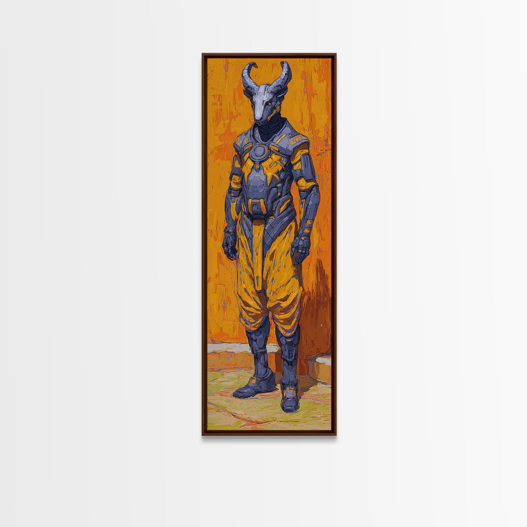 Horned African Warrior Afrofuturism Canvas Print, Orange Sci Fi Tribal Art, Bold Black Art Decor, Unique Gift For Him Wall Art