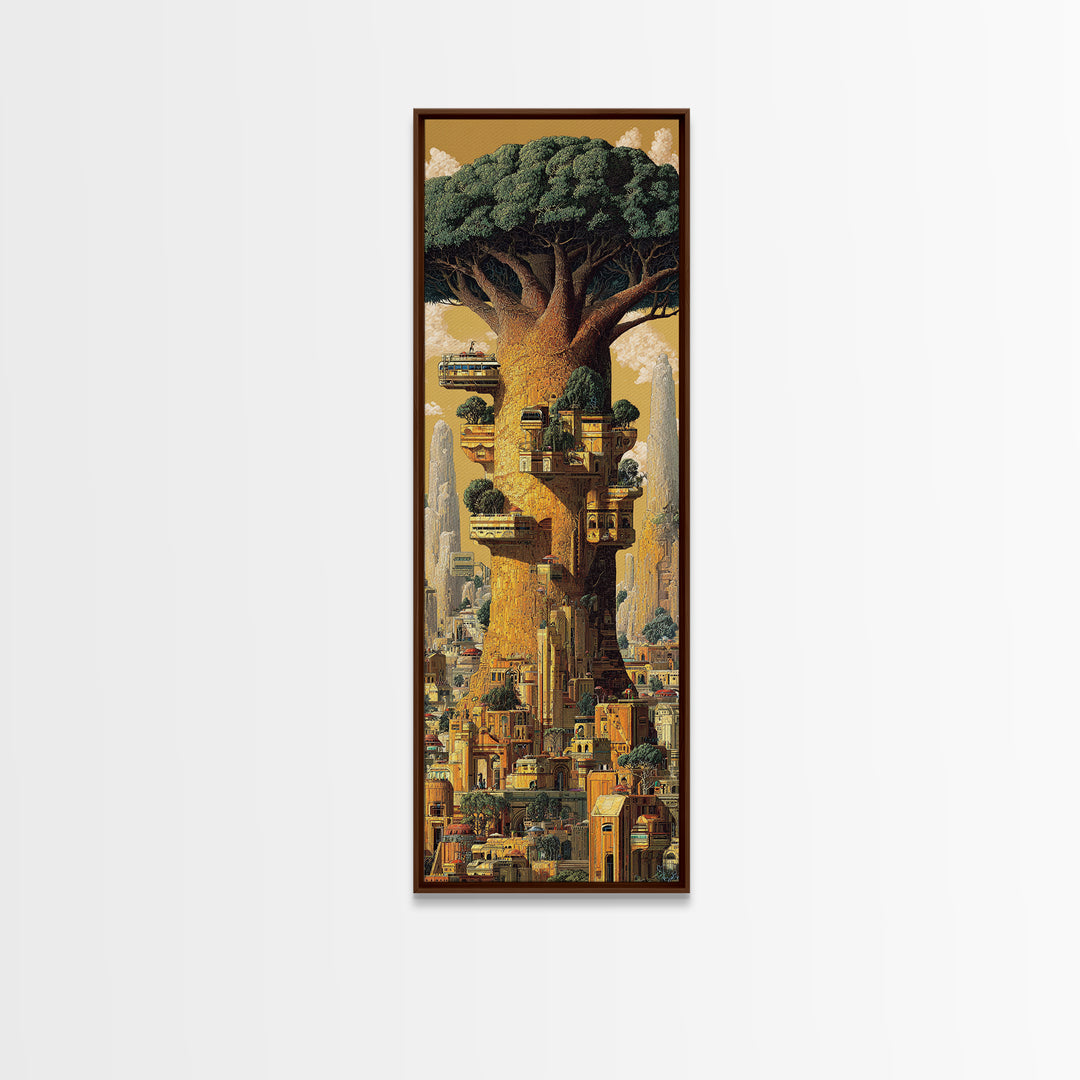 Giant African Tree City Wall Art, Afrofuturism Urban Landscape Canvas Print, Fantasy Architecture Decor, Nature Scene Gift