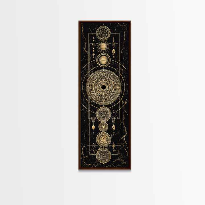 Gold Alchemy Planets And Sacred Circles Framed Canvas Print, Black And Gold Art, Mystical Wall Art, Luxury Canvas Art, Home Decor