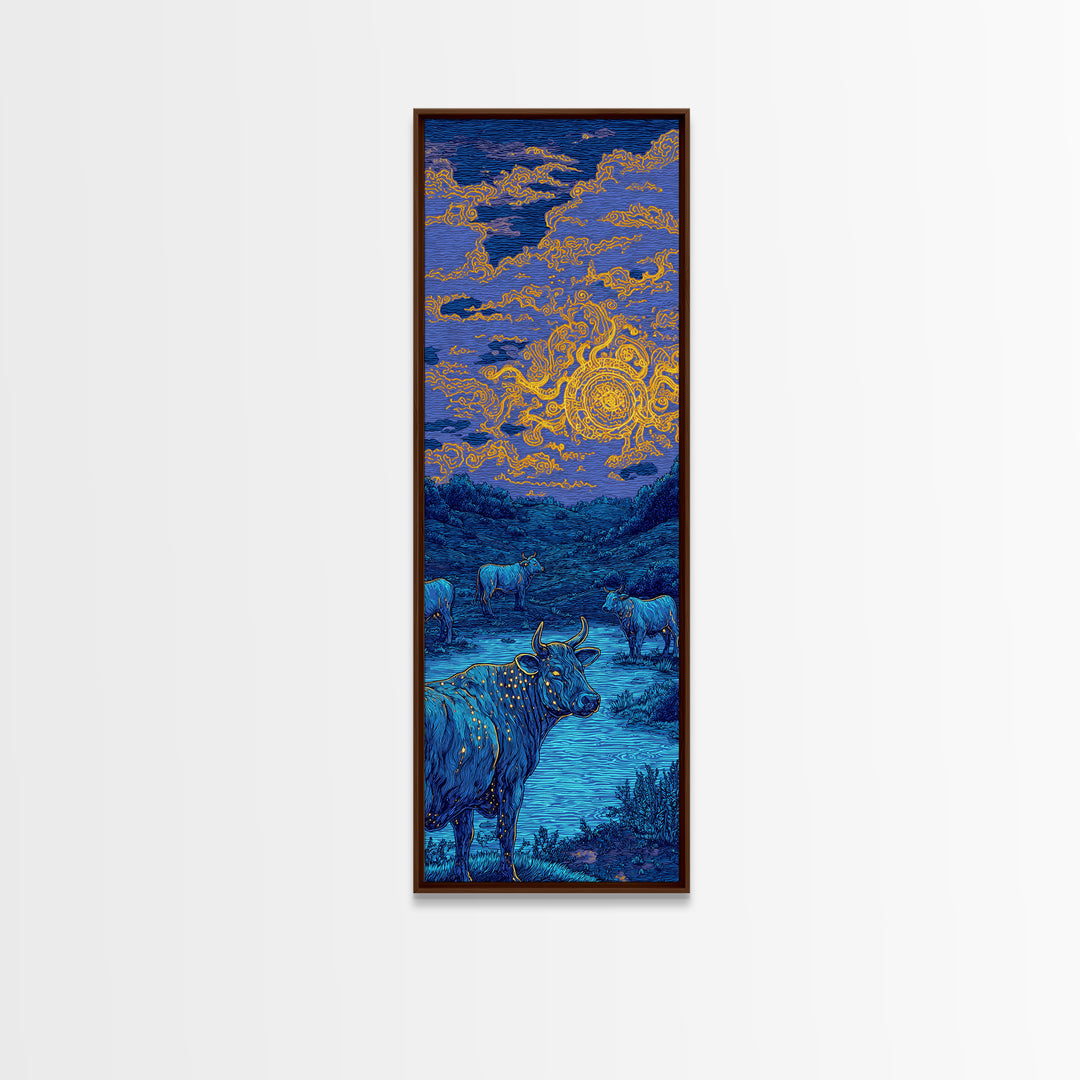 Blue Cow Under Orange Swirl Sky Canvas Print, Rustic Nature Scene Art, Animal Wall Art, Farmhouse Decor, Unique Wall Decor