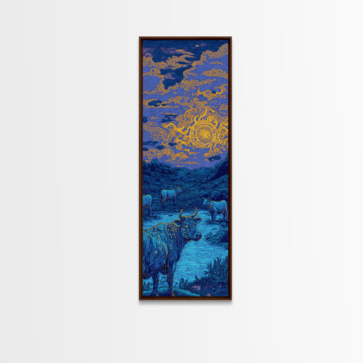 Blue Cow Under Orange Swirl Sky Canvas Print, Rustic Nature Scene Art, Animal Wall Art, Farmhouse Decor, Unique Wall Decor
