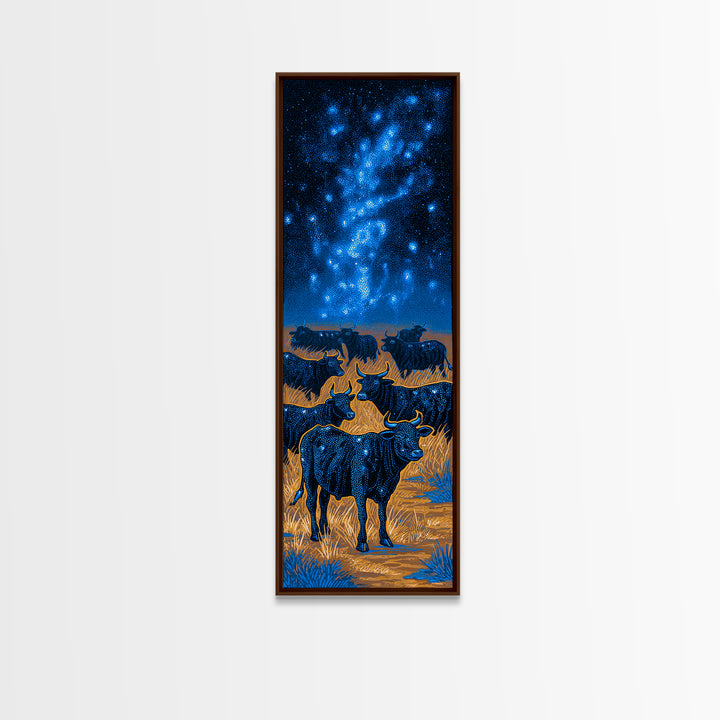 Longhorn Cattle Herd Beneath Blue Milky Way Framed Canvas Print, Western Animal Wall Art, Nature Scene Art, Bedroom Decor