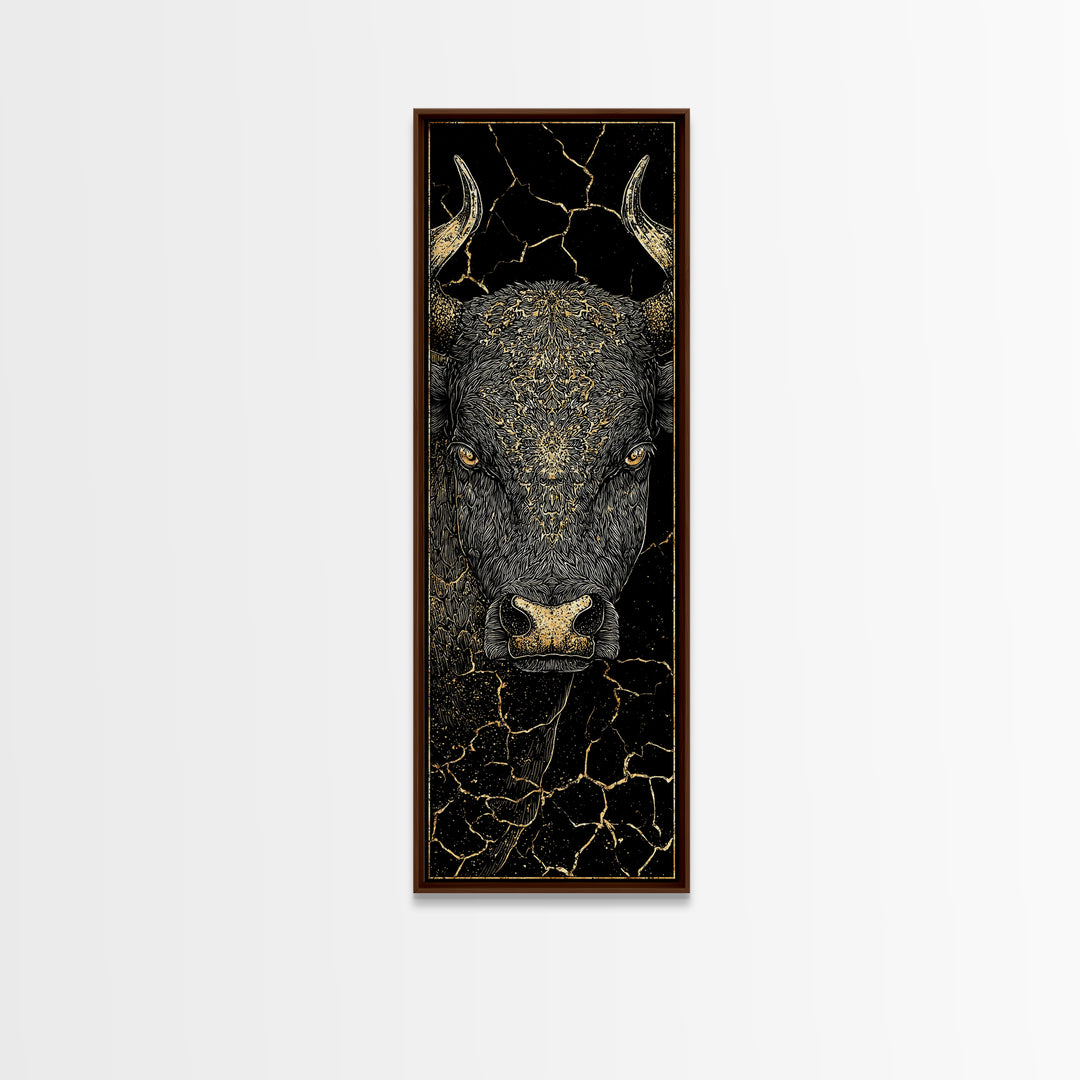 Black Bull Face With Gold Cracked Texture Canvas Print, Powerful Animal Wall Art, Black And Gold Art, Bold Home Decor, Statement Piece