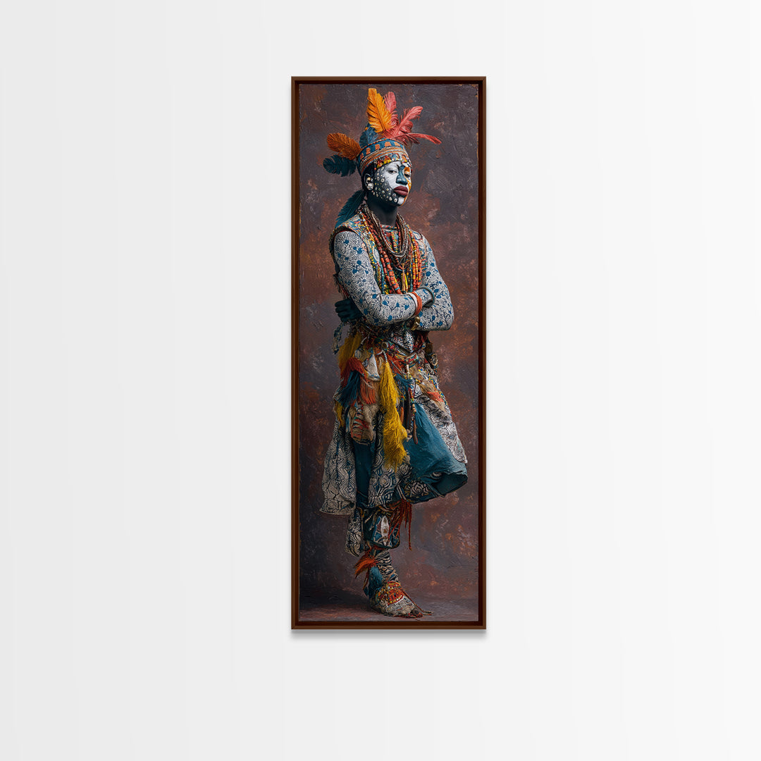 Feathered African Warrior Woman Framed Canvas Print, Tribal Queen Portrait, Afrocentric Wall Decor, Cultural Artwork Gift