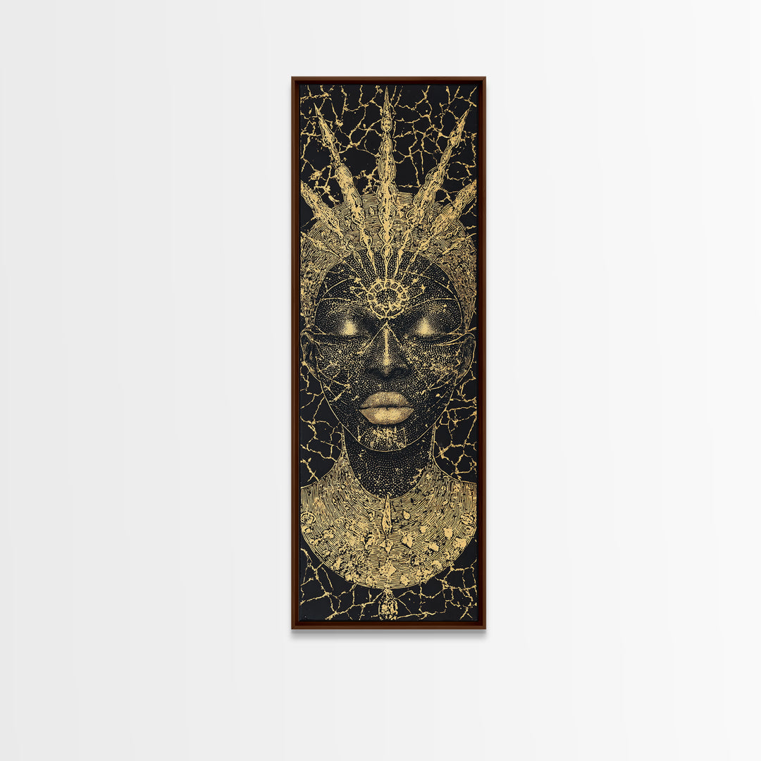 Black Gold African Goddess Face Framed Canvas Print, Regal Afrocentric Wall Decor, Spiritual Portrait Art, Luxury Home Decor