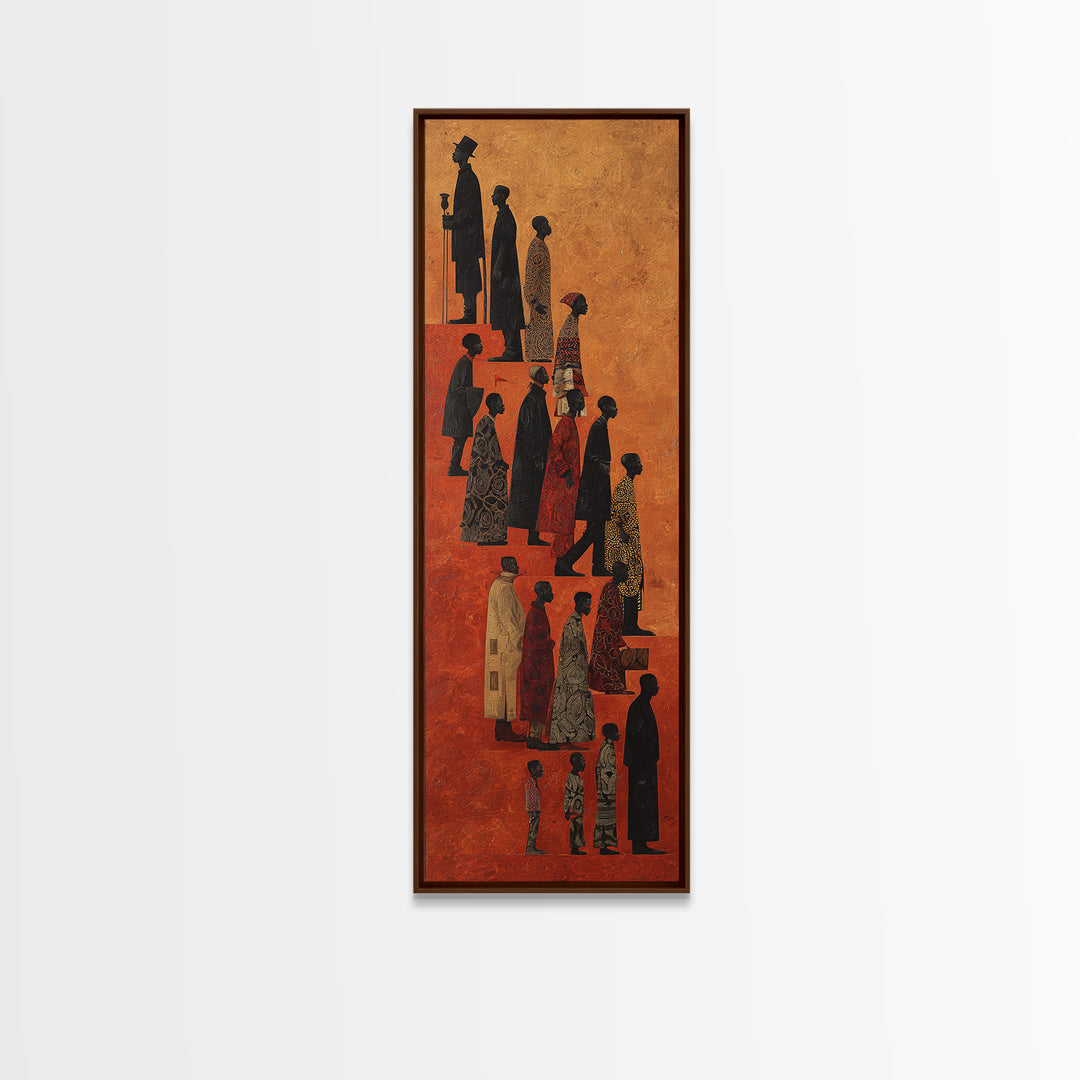 Silhouetted African Family Procession Wall Art, Tall Afrocentric Canvas Print, Tribal Culture Home Decor, Earth Tone Poster