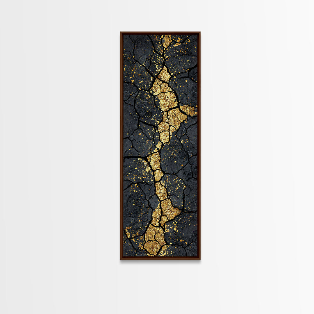 Gold Kintsugi Cracked Stone Abstract African Wall Art, Black And Gold Canvas Decor, Modern Tribal Texture, Luxury Home Decor