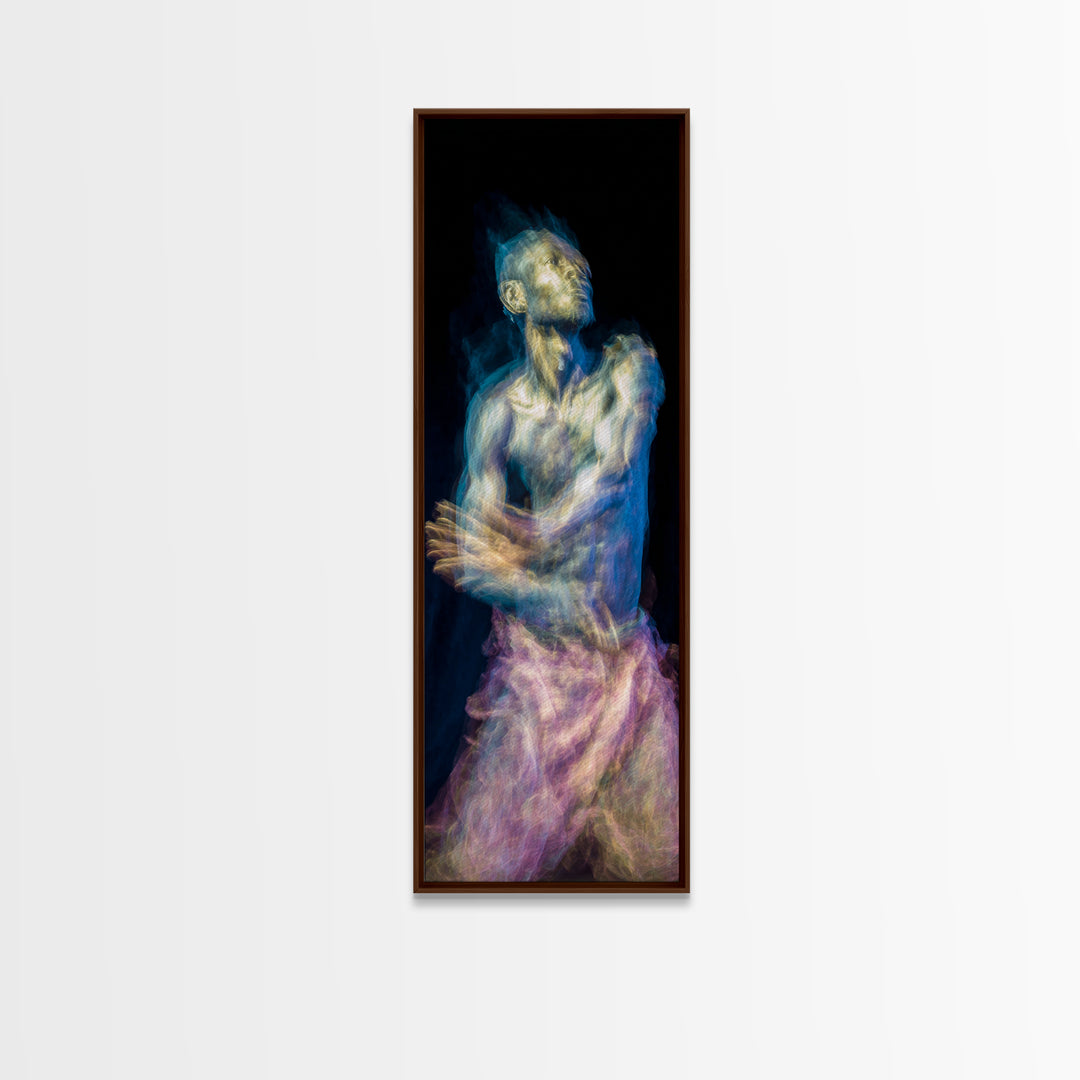 Expressive Blue Male Figure Framed Canvas Print, Modern Black Art, Abstract Portrait Wall Decor, Emotional Figurative Artwork