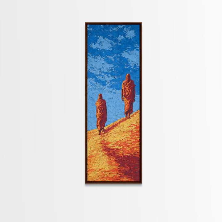 Two Robed Figures On Desert Hill Canvas Print, African Landscape Wall Decor, African Inspired Safari Art, Earth Tone Decor