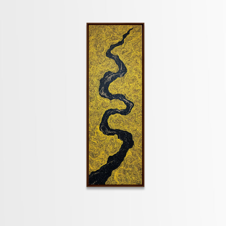 Black Winding River On Gold Texture Wall Art, Minimalist Abstract Landscape, Earth Tone Decor, Modern Canvas Gift For Living Room