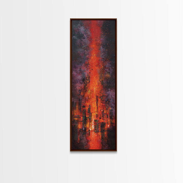 Burning Skyline With Volcanic Light Wall Art, Dark Red Abstract Canvas Print, Urban Wall Art, Modern Office Decor Gift For Him