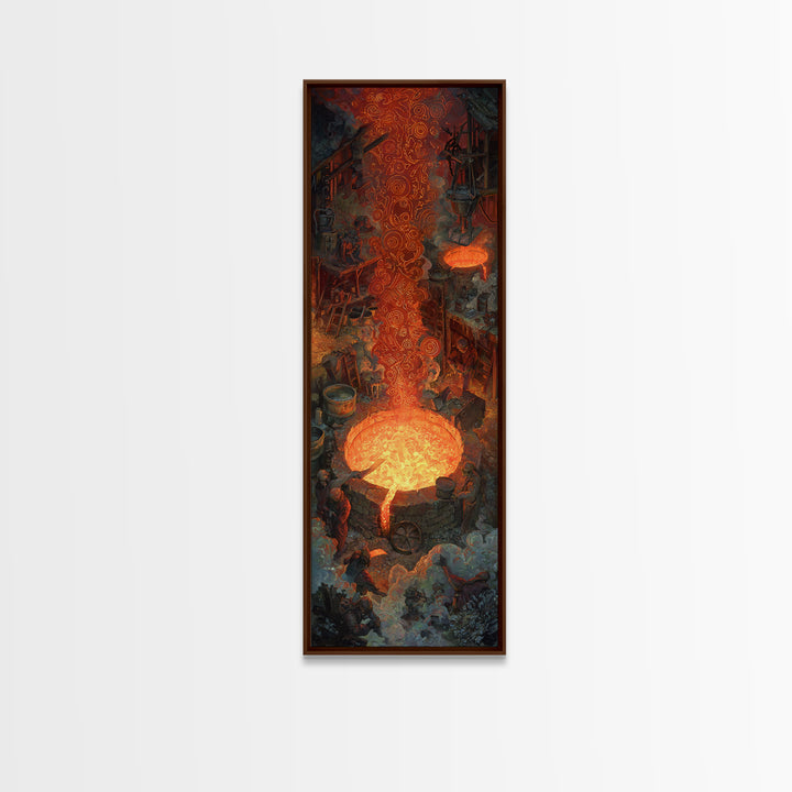 Molten Forge Workshop With Glowing Symbols Framed Canvas Print, Industrial Fantasy Wall Art, Orange Painting Home Decor Gift