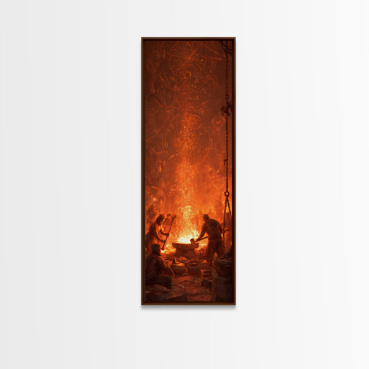 Ancient Forge Ritual With Glowing Sigils Framed Canvas Print, Spiritual Wall Art, Mystical Orange Home Decor Gift For Living Room Decor