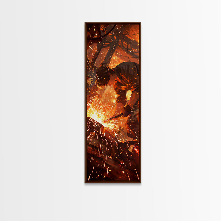 Welder In Shower Of Sparks Wall Art, Dramatic Orange Canvas Print, Industrial Workshop Art, Masculine Office Decor Gift For Him