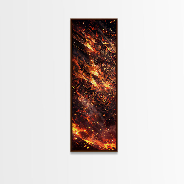 Fiery Mechanical Gears And Sparks Wall Art, Abstract African Inspired Industrial Canvas Print, Bold Orange Black Decor Gift
