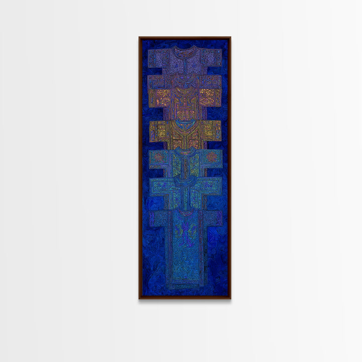 Blue Purple Tribal Cross Totem Wall Art, African Mask Inspired Canvas Print, Afrocentric Geometric Decor, Bold Home Gift