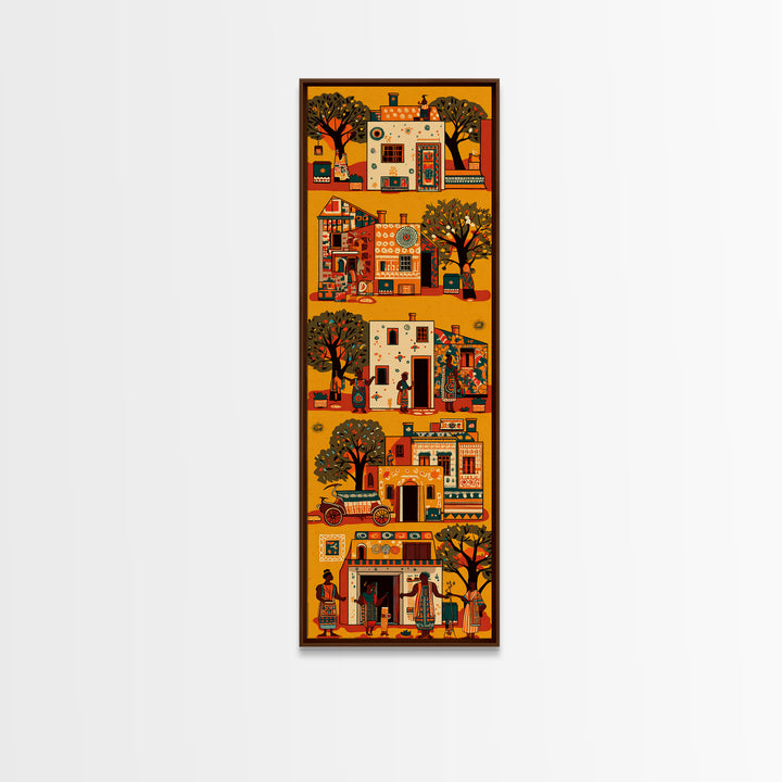 Orange African Village Houses And Trees Wall Art, African Folk Canvas Print, Cultural Home Decor, Afrocentric Travel Gift