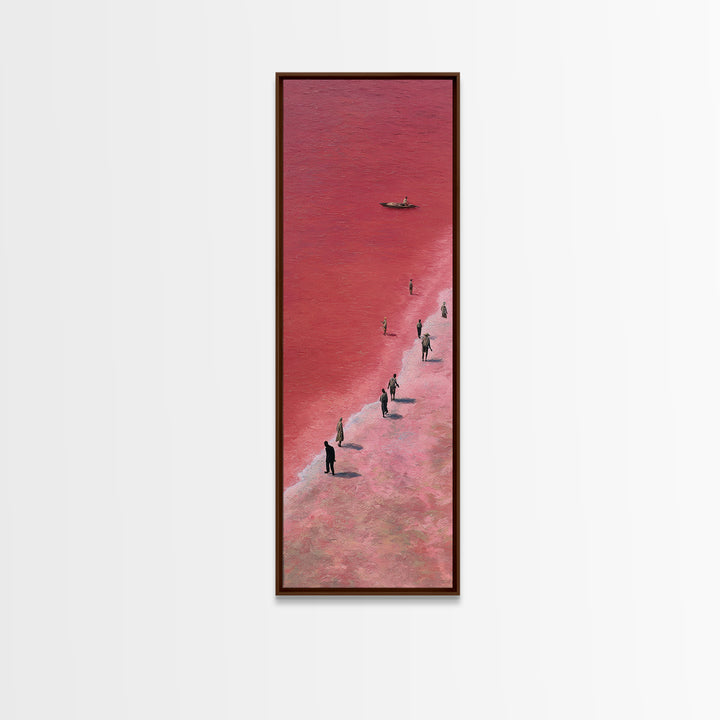 Pink African Salt Lake Shore With Fishermen Wall Art, Lake Retba Landscape, Coastal Boat Print, Serene Travel Home Decor Gift