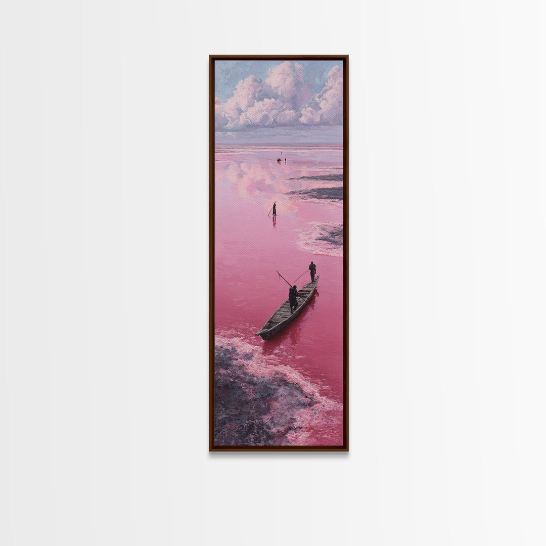 Dreamy Pink African Lagoon With Wooden Boat Canvas Print, Lake Retba Fisherman Scene, Coastal Landscape Wall Decor Gift Art
