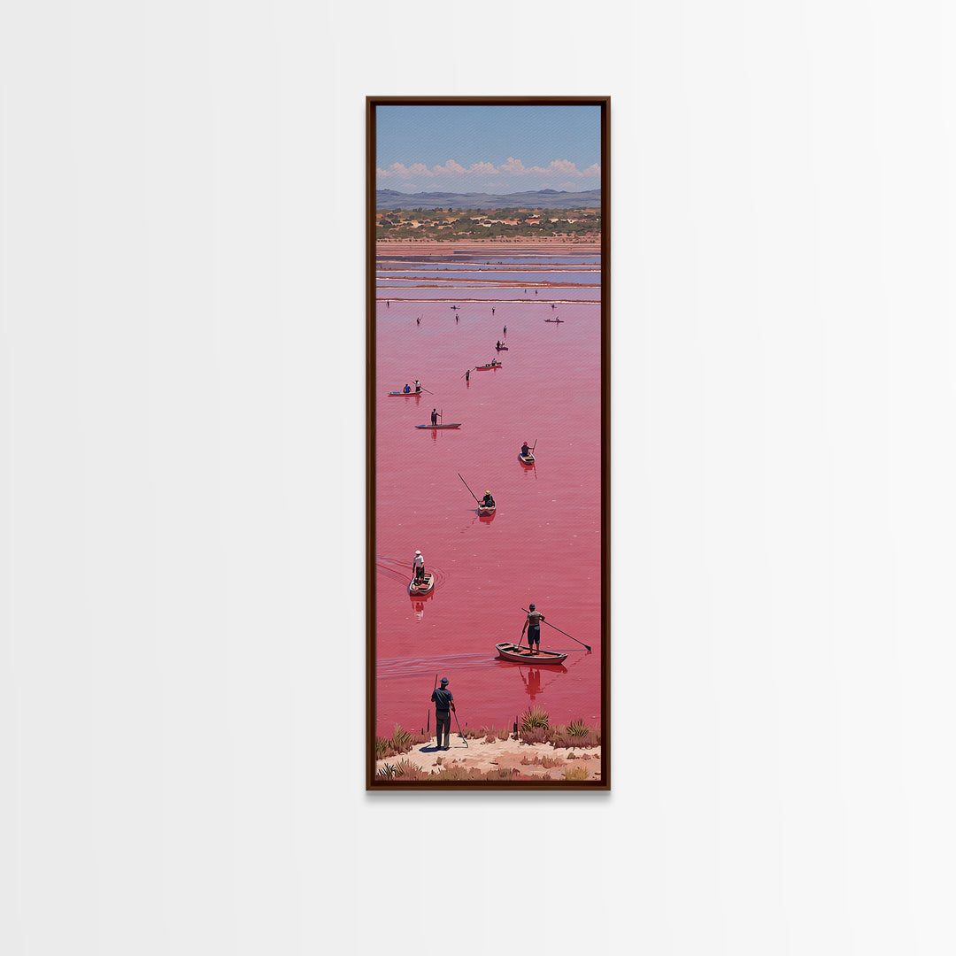 Pink African Lake With Boats And Salt Workers Framed Canvas Print, Lake Retba Landscape, Vibrant Travel Wall Decor Gift Art