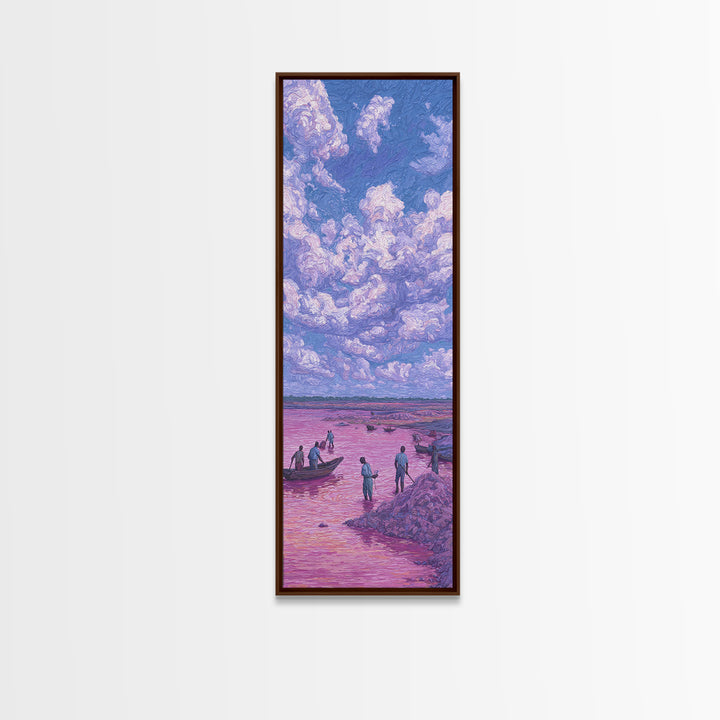 Purple Storm Clouds Over Pink African Lake Canvas Print, Fishermen Boat Landscape, Dreamy Nature Scene Art For Home Decor