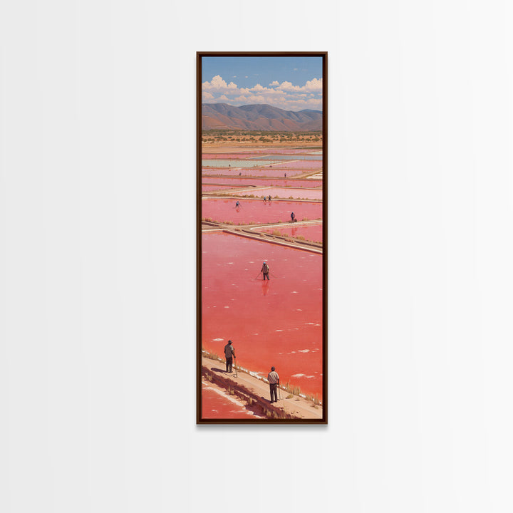 African Pink Salt Ponds With Mountains Wall Art, Lake Retba Workers Landscape Print, Vibrant Travel Decor For Living Room