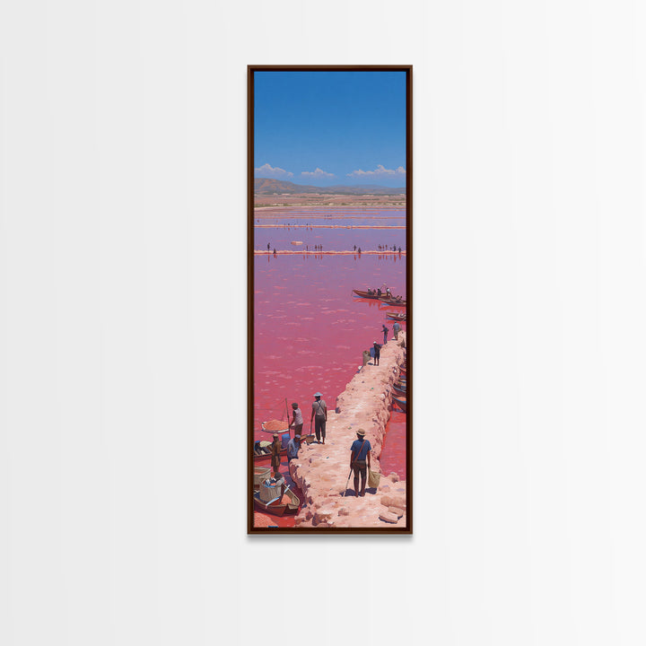 Panoramic Pink African Lake Harbor With Boats Canvas Print, Salt Flat Landscape, Travel Wall Decor Gift For Living Room Art