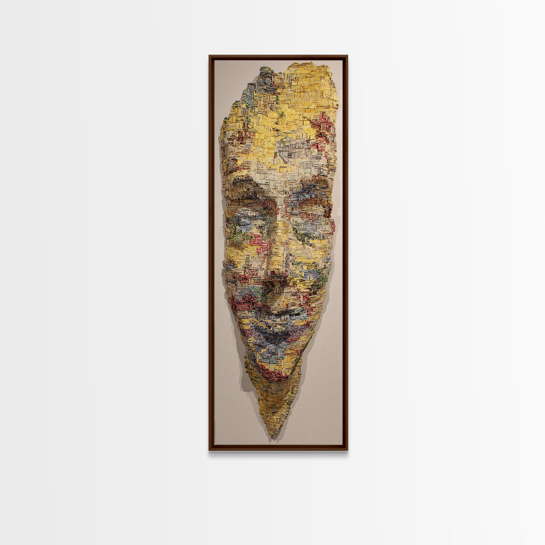 Textured Yellow African Mask Portrait Wall Art, Abstract Tribal Face, Modern Afrocentric Decor, Cultural Home Decor Gift