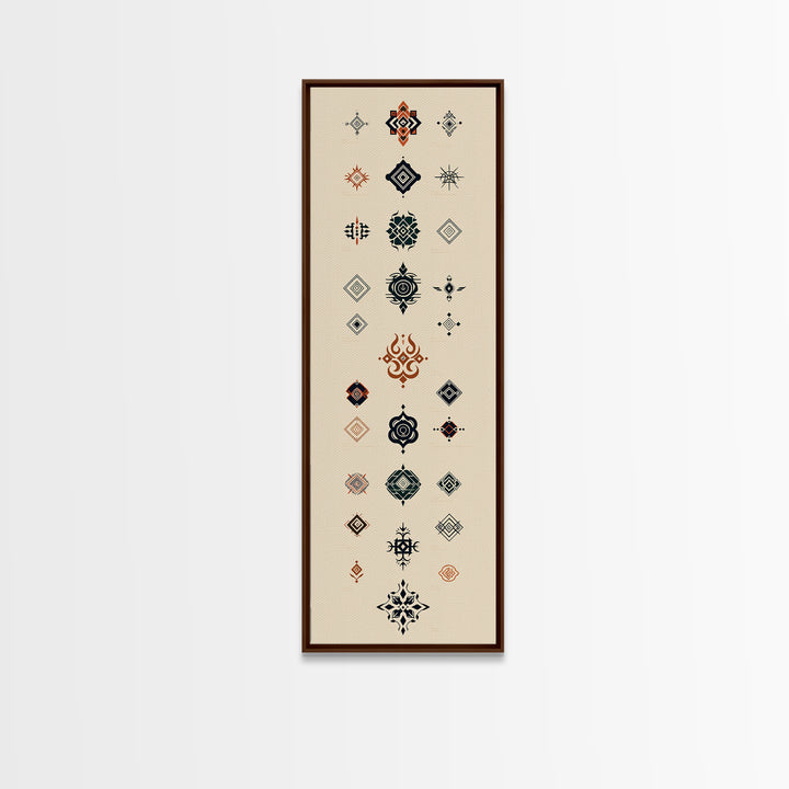 Minimal African Pattern Wall Art, Boho Tribal Symbols, Beige Orange Navy Motifs, Afrocentric Textile Inspired Canvas Print