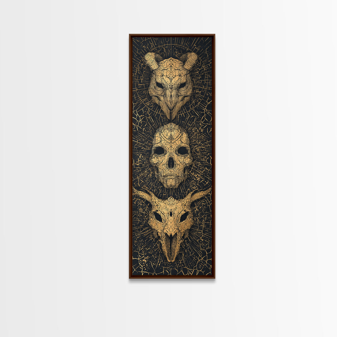 Golden Animal Skull Totem Wall Art, Dark Gothic Canvas Print, Tribal Mystical Home Decor, Unique Occult Statement Poster Gift