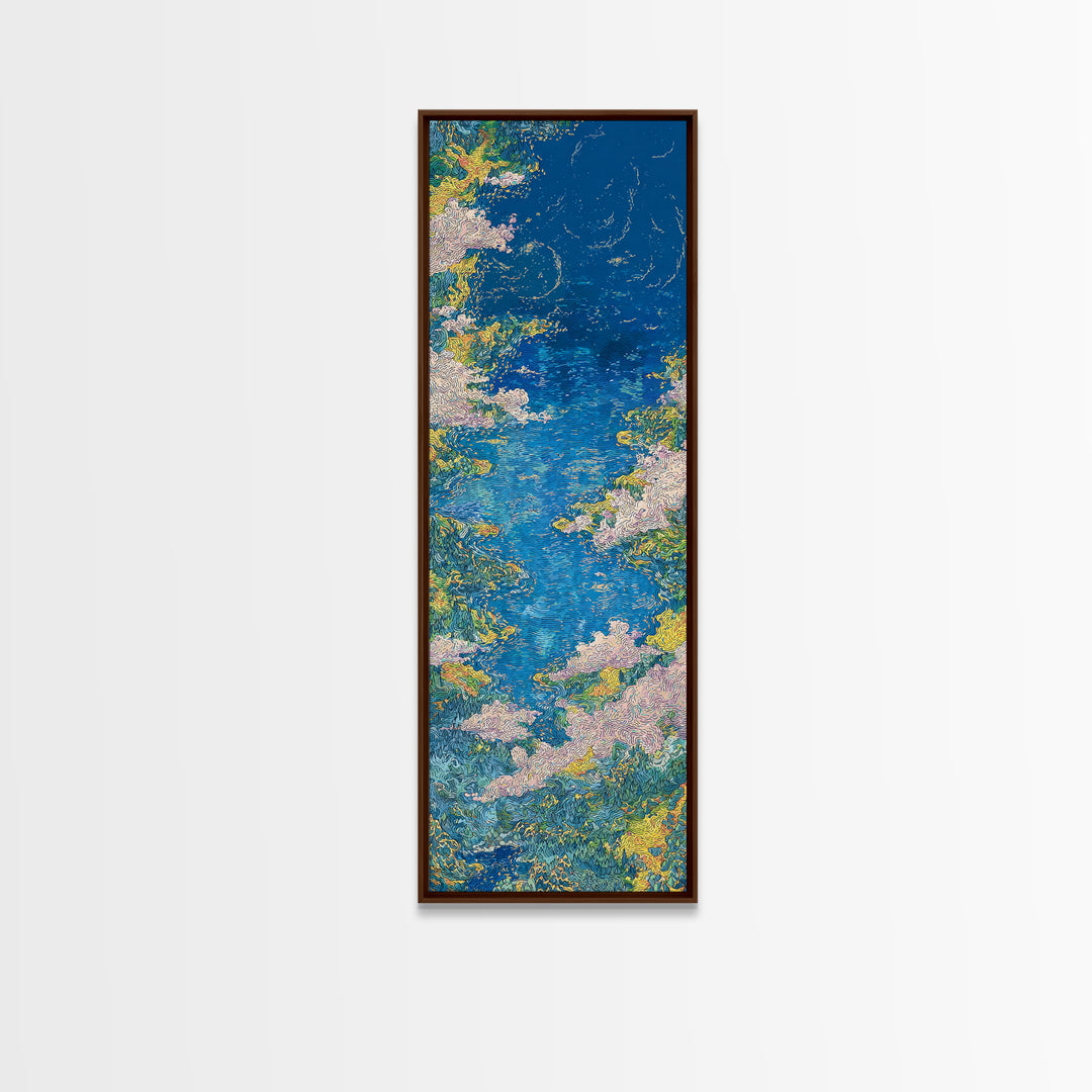 Blue Floral River Landscape Wall Art, Impressionist Garden Water Canvas Print, Nature Scene Art For Serene Home Decor Gift