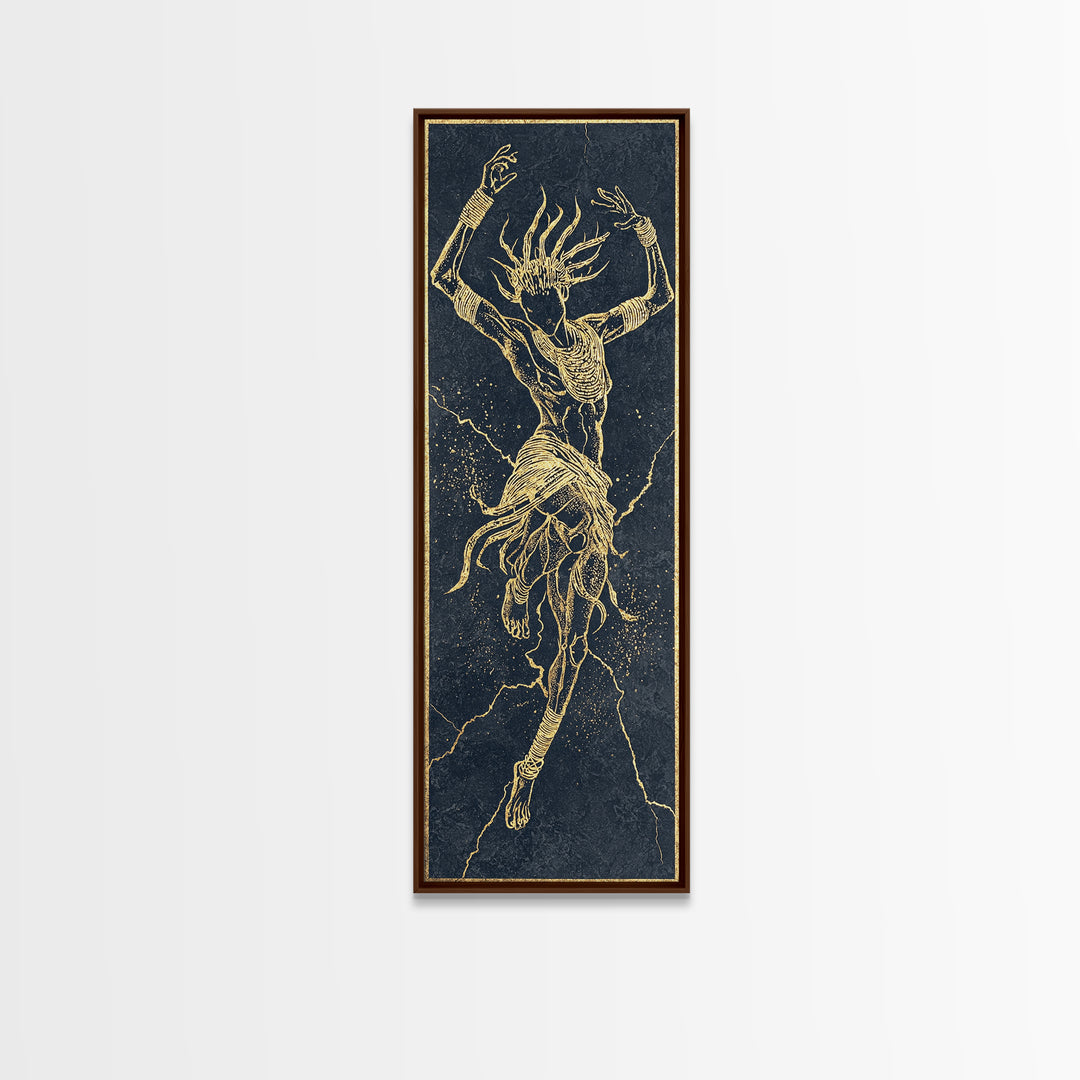 Golden Spirit Dancer Framed Canvas Print, Abstract African Woman Art, Mystical Black And Gold Tribal Wall Decor For Bedroom