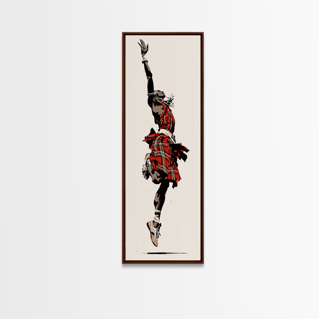 Leaping Maasai Warrior Canvas Print, African Tribal Dance Wall Art, Red Fabric Culture Decor For Bold Modern Living Room Decor