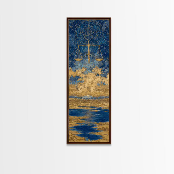Golden Libra Scales Wall Art, Celestial Zodiac Canvas Print, Blue Ocean Astrology Decor For Modern Bedroom And Living Room Decor Gift