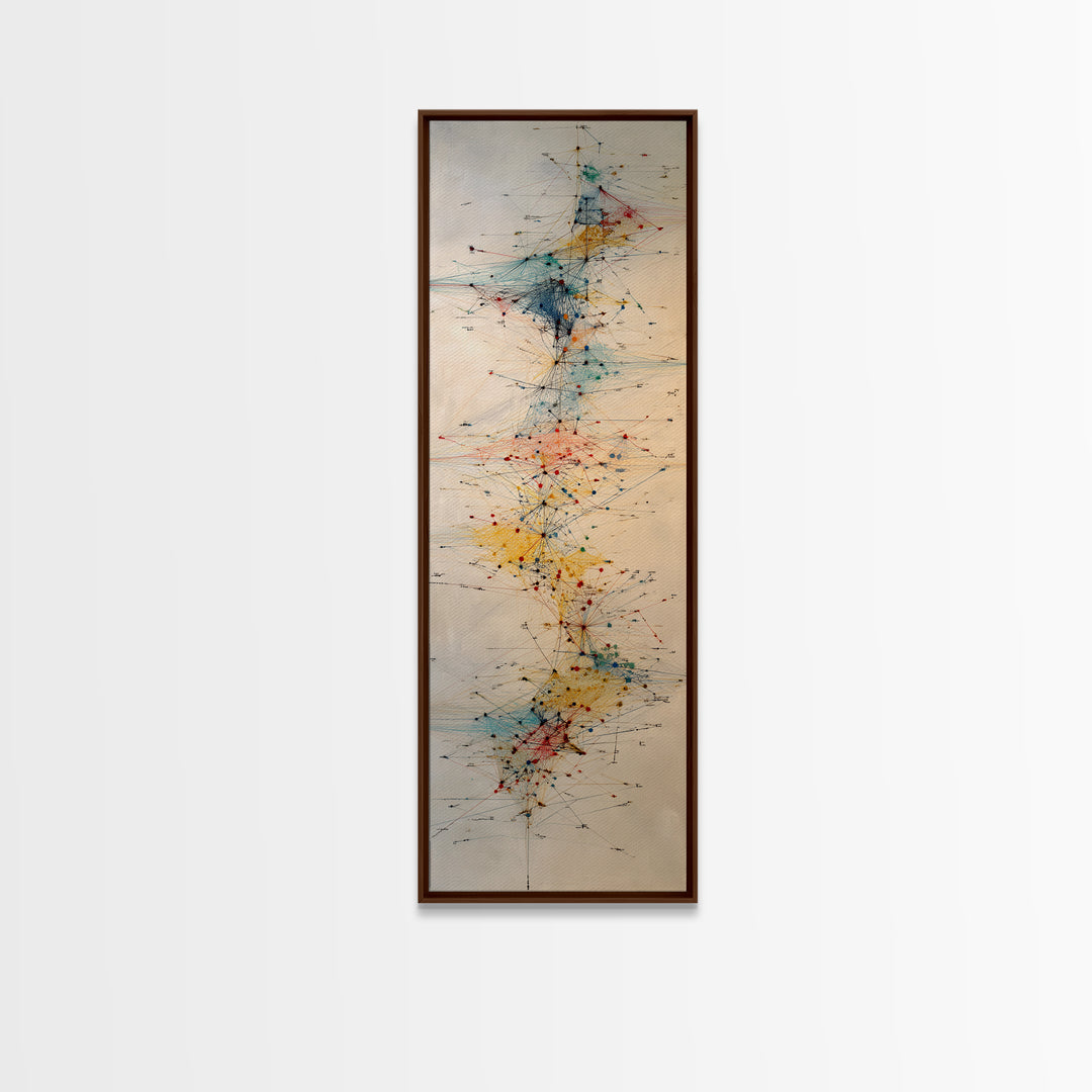Delicate Abstract Network Wall Art, Teal Red Yellow Line Painting Canvas Print, Modern Minimalist Office Decor Gift For Home