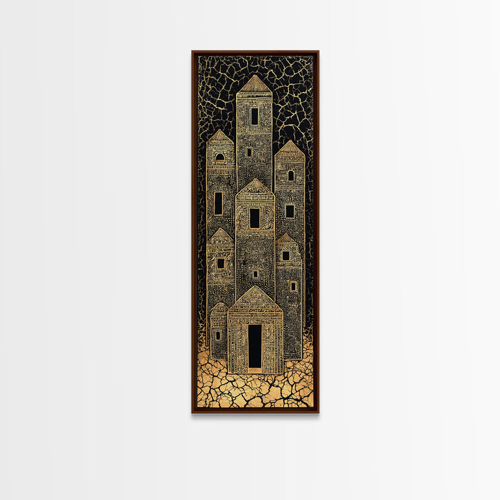 Gold Tribal Desert Towers Wall Art, Black African Architecture Canvas Print, Ancient Village Pattern Home Decor Gift For Him