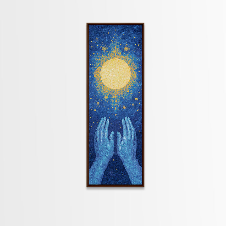 Glowing Celestial Sun Between Blue Hands Wall Art, Spiritual Wall Art, Mystical Wall Art, Starry Blue Home Decor Gift Idea