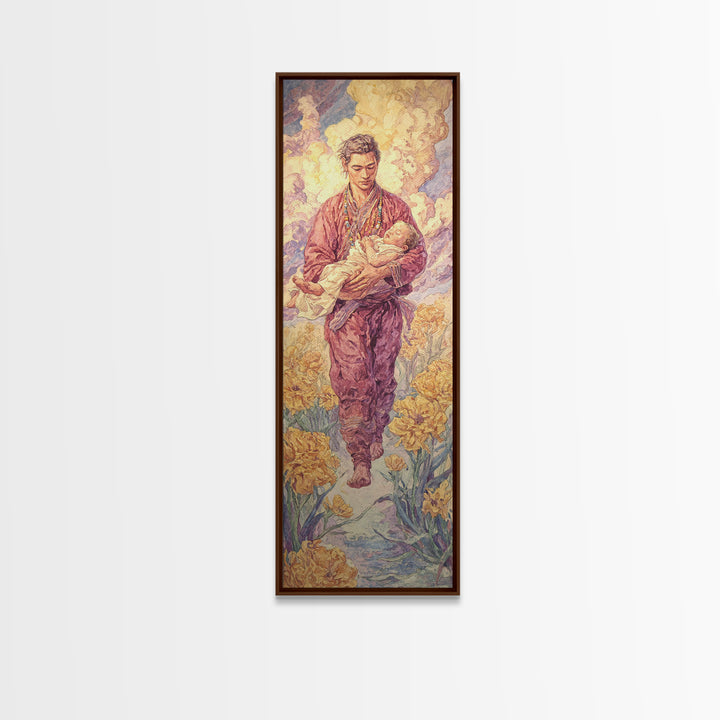 Gentle Shepherd Carrying Lamb Through Golden Flowers Framed Canvas Print, Spiritual Wall Art, Painting, Meaningful Gift For Home