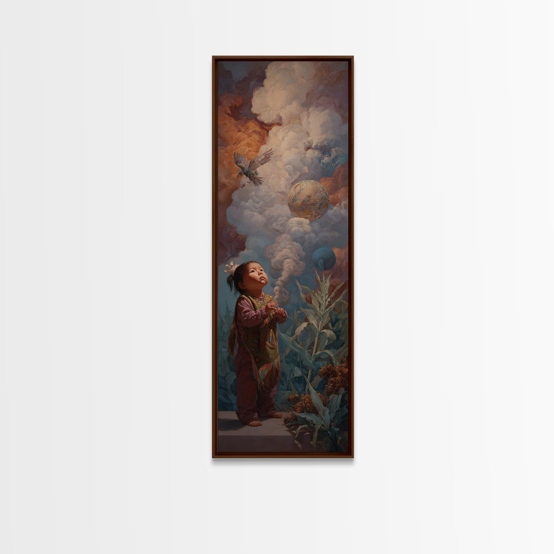 Wondering Child Beneath Cloud Birds And Planets Canvas Print, Dreamy Wall Art, Nature Scene Art, Unique Home Decor Gift Idea