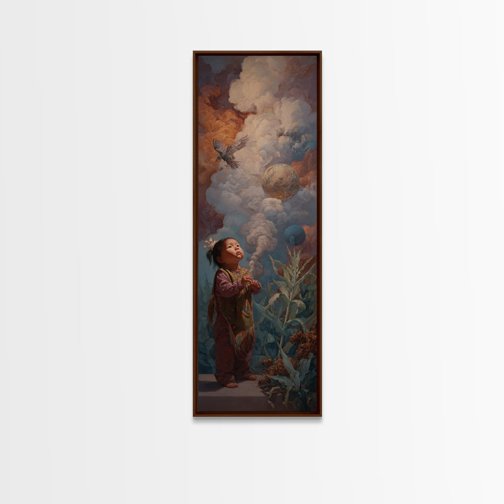 Wondering Child Beneath Cloud Birds And Planets Canvas Print, Dreamy Wall Art, Nature Scene Art, Unique Home Decor Gift Idea