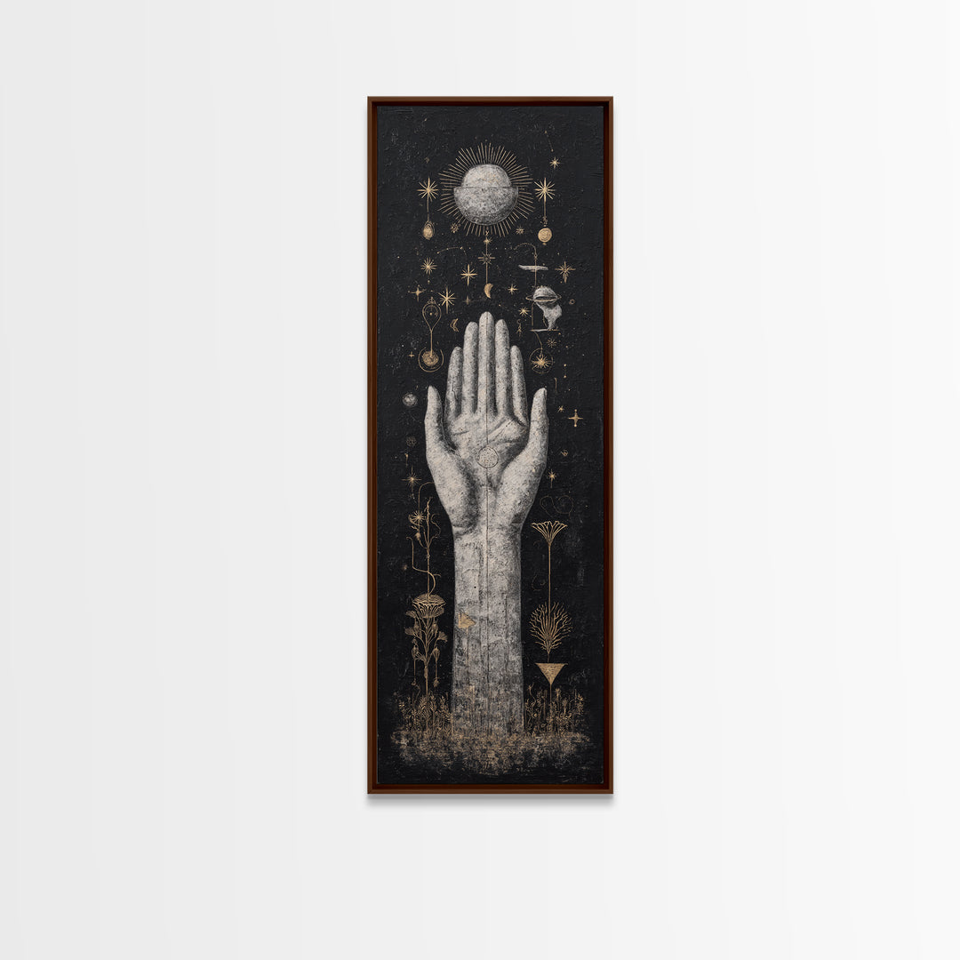 Mystical Palm Reaching Toward Moon And Stars Wall Art, Spiritual Wall Art, Black And Gold Art, Botanical Decor Gift For Her
