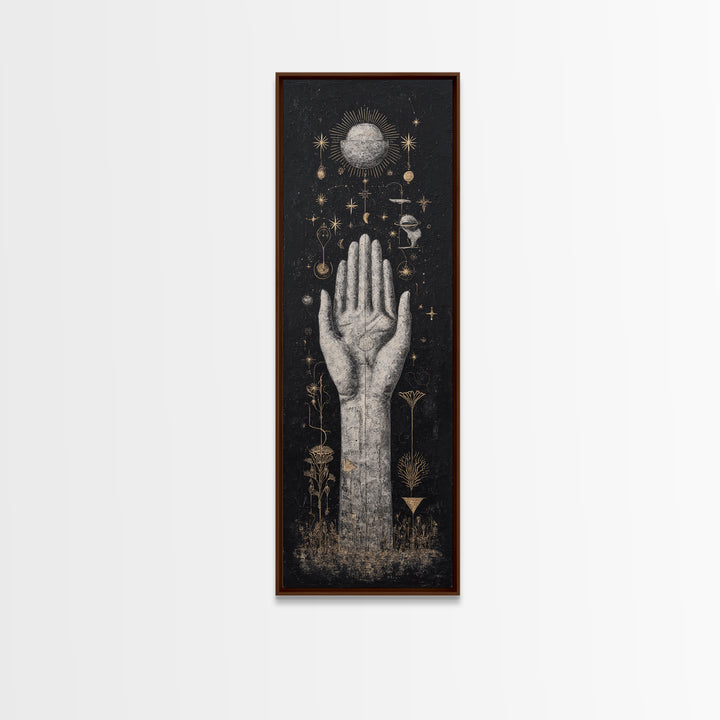 Mystical Palm Reaching Toward Moon And Stars Wall Art, Spiritual Wall Art, Black And Gold Art, Botanical Decor Gift For Her