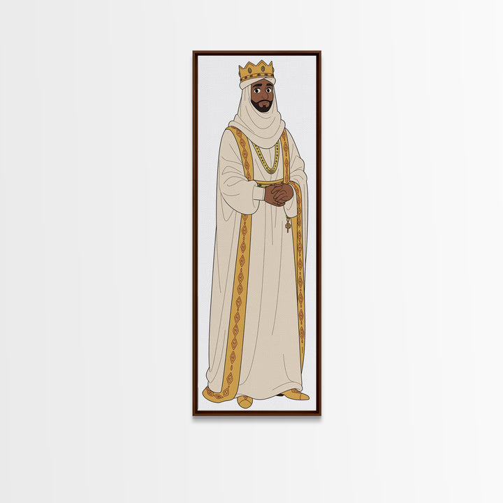 Regal Bearded King In White Robes Framed Canvas Print, African Inspired Royal Portrait, Elegant Cultural Home Decor Gift