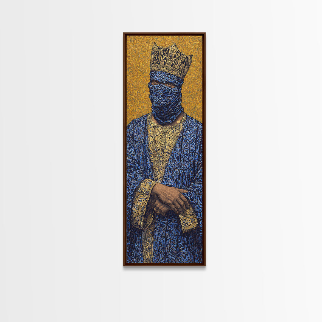 Masked African King In Blue And Gold Framed Canvas Print, Royal Portrait Wall Art, Luxury Afrocentric Cultural Home Decor