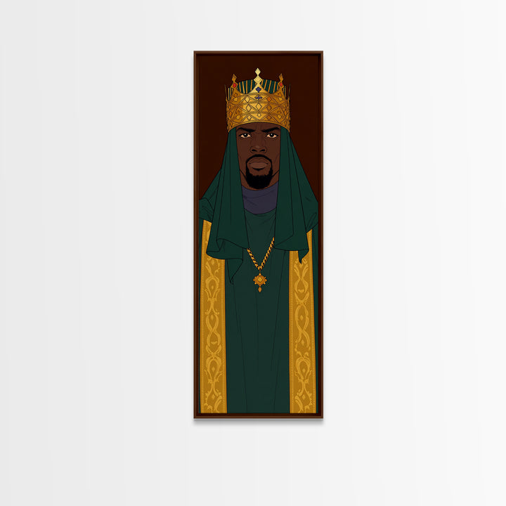 Green Veiled African King With Gold Crown Canvas Print, Black Man Portrait Wall Art, Royal Afrocentric Home Decor Gift For Him
