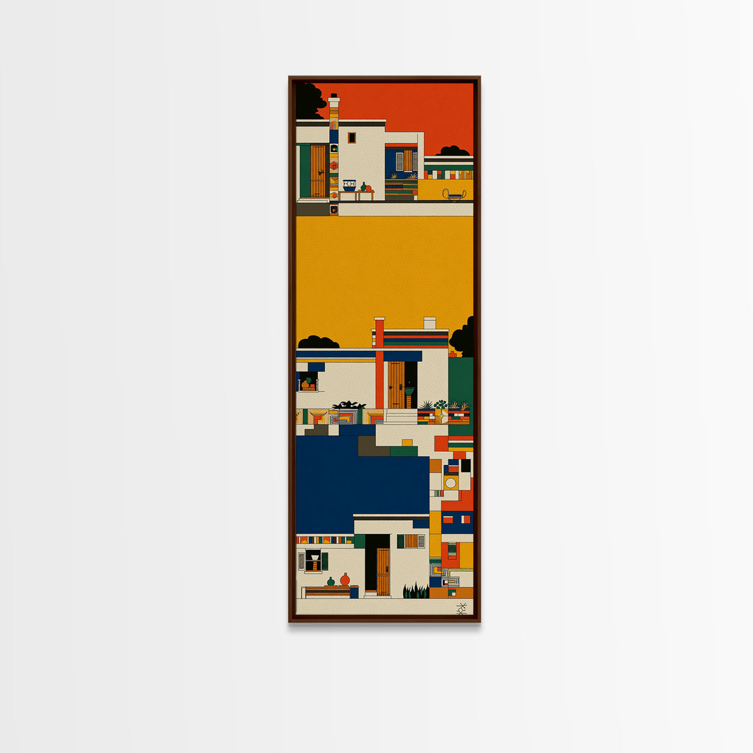 Colorful African Village Houses Wall Art, Geometric Architecture Canvas Print, Afrocentric Home Decor, Modern Tribal Poster