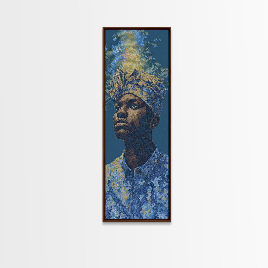 Regal African Man Portrait Wall Art, Blue Gold Framed Canvas Print, Afrocentric Black Culture Decor, Modern Art Gift For Him